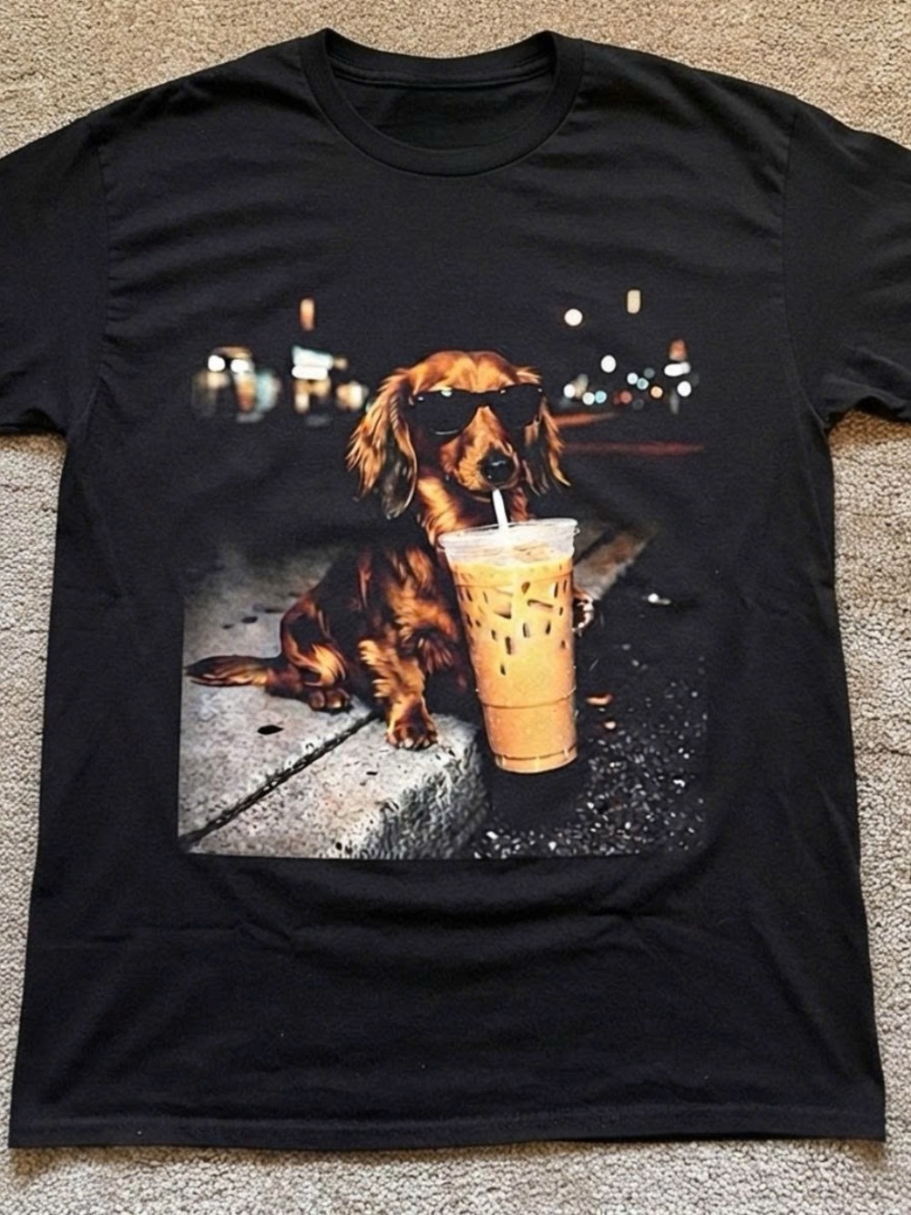 Black Dachshund Dog Graphic Tee with Iced Coffee Print